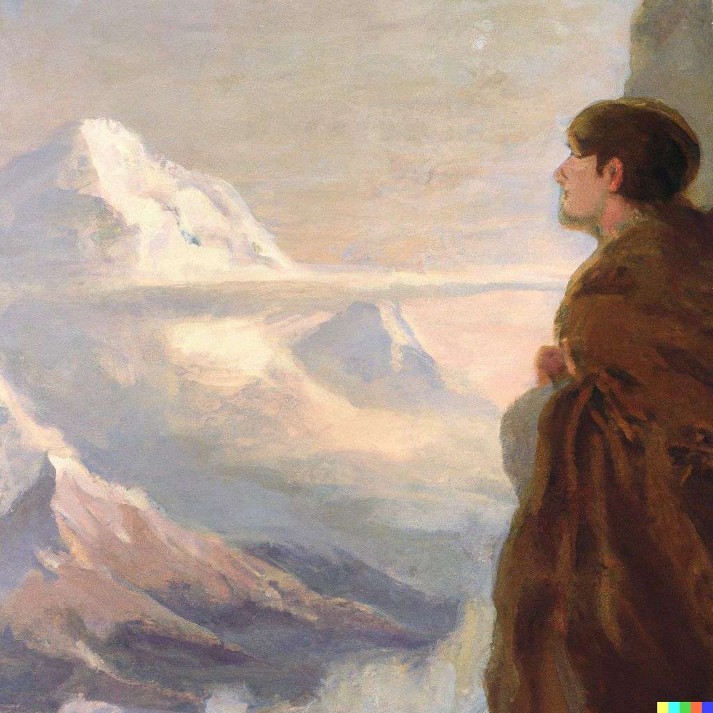 someone gazing at Mount Everest, painting by John William Waterhouse